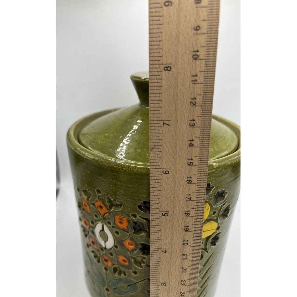 Italian Pottery Cookie Jar with Embossed Flowers by Bitossi, Green 1950s Ceramic - Picture 12 of 15